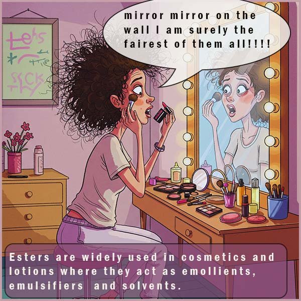 Esters are widely used in cosmetics and lotions as emollients, emulsifiers and solvents.